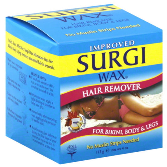 Surgiwax Surgi Wax Body Hard Wax in 4 oz container, used for personal hair removal, with a smooth, hard wax appearance.