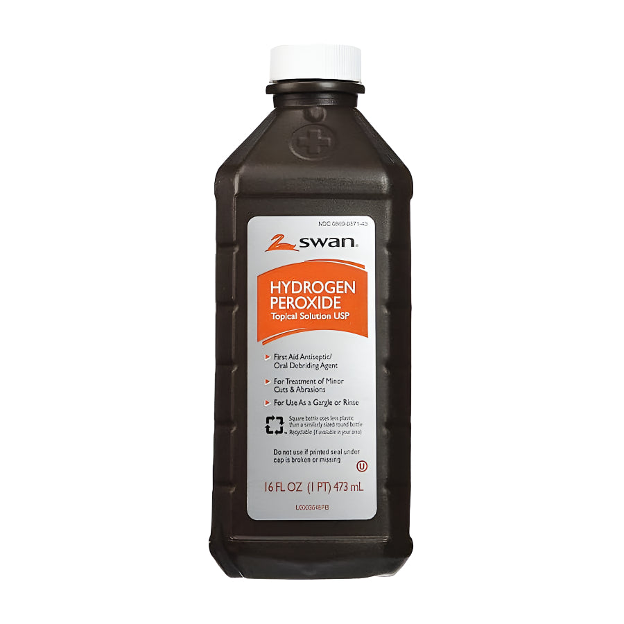 Swan Hydrogen Peroxide antiseptic topical solution in a 16 oz bottle, used for cleaning minor cuts and skin disinfectant.