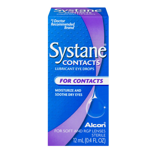 Systane Contacts Lubricant Eye Drops in 0.4 fl oz (12 ml) bottle, designed for comfortable eye moisture for contact lens wearers.