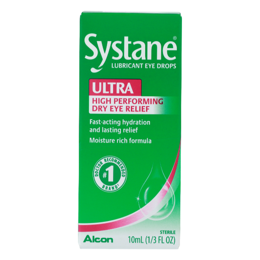 Systane Ultra high-performing dry eye relief eye drops in a 0.33 fl oz bottle, from Pasteur Pharmacy, for dry eye relief.