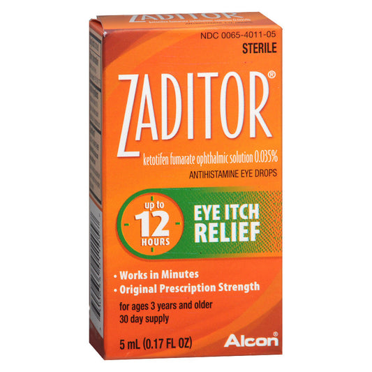 Systane Zaditor eye itch relief drops in 0.17 fl oz bottle, used for allergy relief and eye comfort, by Pasteur Pharmacy.