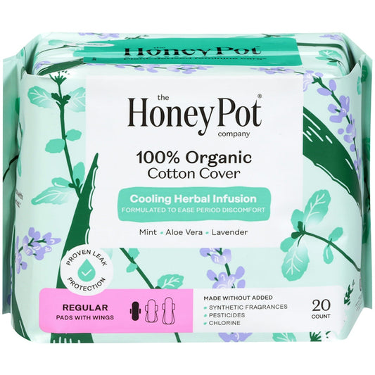 Herbal-infused pads with wings from The Honey Pot Co. for personal care, regular absorbency, 20-count pack.