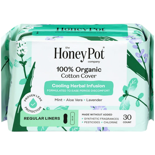Organic cotton cover cooling herbal infusion regular liners by The Honey Pot Company, 30 count, in a personal care product image