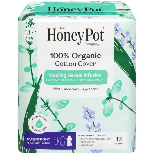 Organic cotton cover cooling herbal pads for overnight use by The Honey Pot Company, designed for personal care comfort.