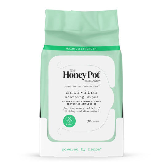 Feminine anti-itch soothing wipes by The Honey Pot Company, 30-count with 1% Pramoxine Hydrochloride, in a personal care package.