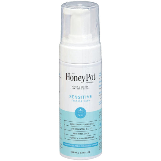 Sensitive daily foaming wash by The Honey Pot Company, personal care product in 5.51 fl oz bottle, gentle and soothing.