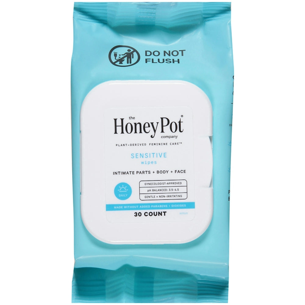 Pasteur Pharmacy Honey Pot Sensitive Feminine Wipes with herbal infusion and plant-derived ingredients, 30 count.