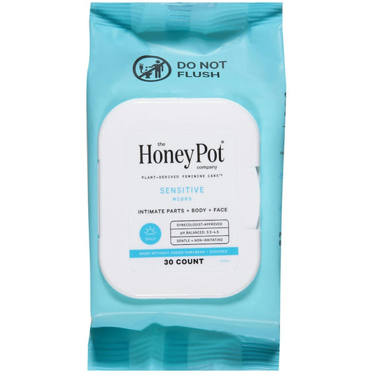 Pasteur Pharmacy Honey Pot Sensitive Feminine Wipes with herbal infusion and plant-derived ingredients, 30 count.