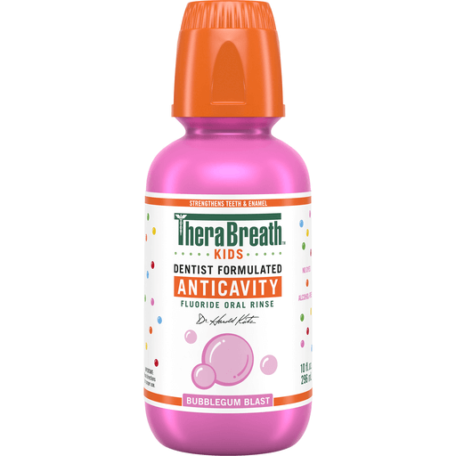 TheraBreath Kids Bubblegum Blast anticavity fluoride oral rinse bottle, 16 fl oz, featuring colorful bubblegum-themed packaging.