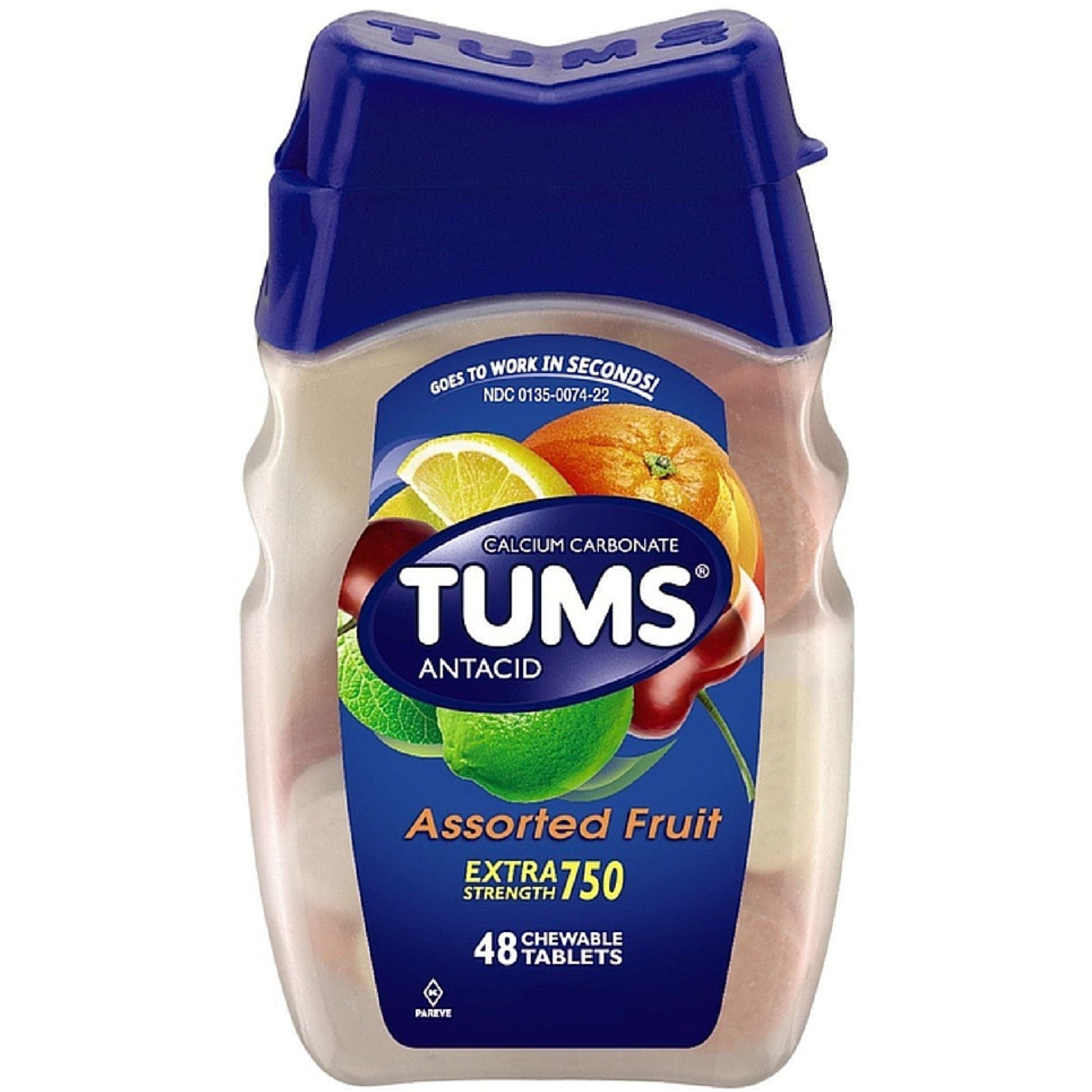 Assorted fruit-flavored Tums chewable antacid tablets for extra strength heartburn relief on a white background.