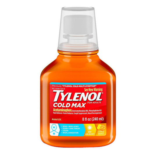 Tylenol Cold + Flu + Cough Daytime Liquid in Citrus Burst flavor, 8 fl oz bottle, personal care medicine from Pasteur Pharmacy