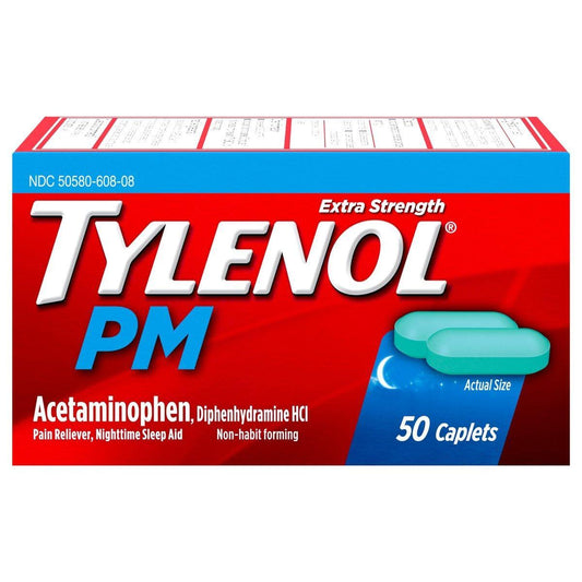 Tylenol PM Extra Strength Nighttime Pain Reliever and Sleep Aid caplets by Pasteur Pharmacy, 500 mg, in blister pack.