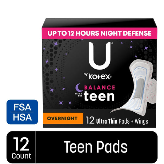 U by Kotex overnight teen pads with wings, ultra thin, personal care product shown in the image.