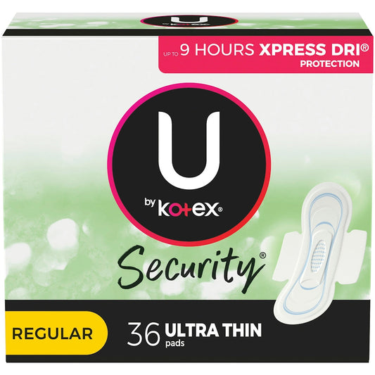 U by Kotex Security Ultra Thin Pads with Wings, regular, in a 36-count package, designed for reliable personal care.