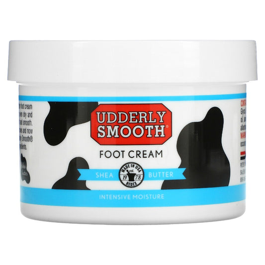 Pasteur Pharmacy Udderly Smooth Shea Butter foot cream in an 8 oz jar, lightly scented, for soft, smooth feet.