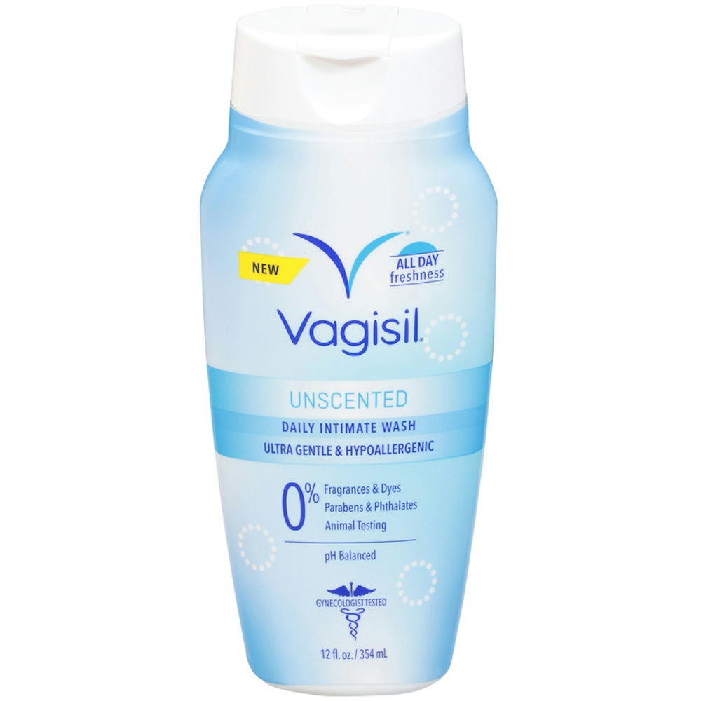 Vagisil feminine wash for intimate area hygiene in a 12 oz bottle, personal care product by Pasteur Pharmacy.