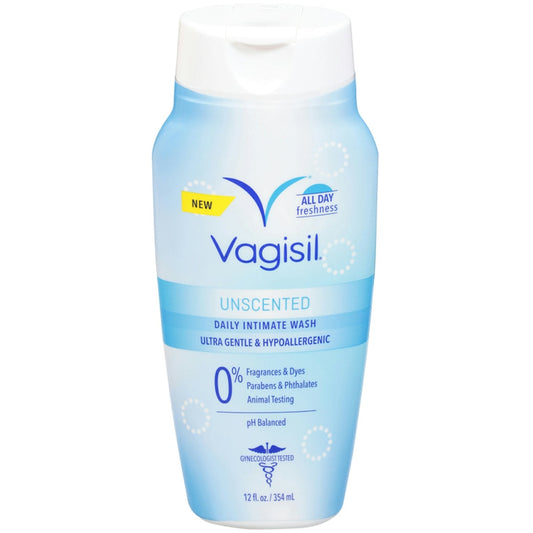 Vagisil feminine wash for intimate area hygiene in a 12 oz bottle, personal care product by Pasteur Pharmacy.