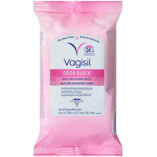 Vagisil Odor Block Daily Freshening Wipes in a 20-count pack, personal care product by Pasteur Pharmacy, for freshness and odor control