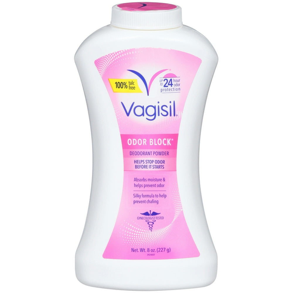 Vagisil Odor Block daily intimate deodorant powder in 7 oz talc-free container, personal care product for freshness