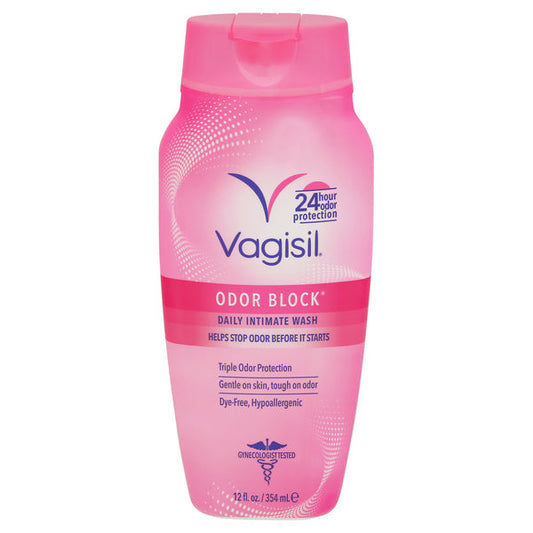 Vagisil Odor Block Daily Intimate Feminine Wash bottle by Pasteur Pharmacy, 12 Fl Oz, with label and pump dispenser visible.