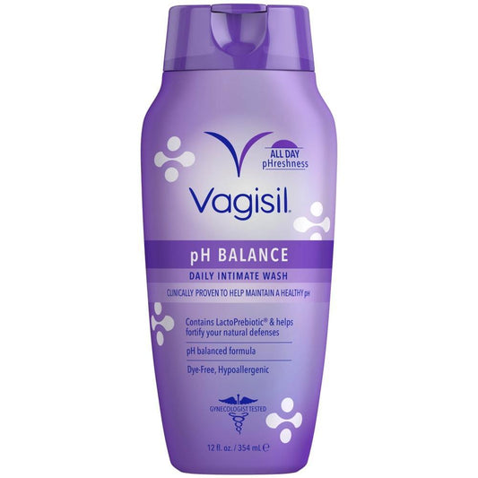 Vagisil pH Balance Daily Intimate Wash with LactoPrebiotic in a 12 fl oz bottle, personal care product for feminine hygiene