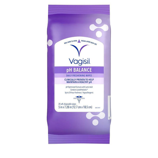Vagisil pH Feminine Wipes in a 20-count pack, personal care product from Pasteur Pharmacy, showing the wipes in a sealed package.