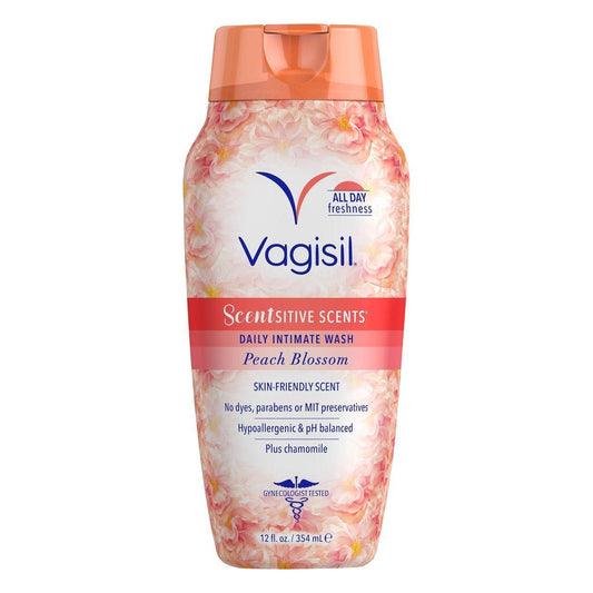 Vagisil Scentitive Scent Daily Peach Blossom intimate wash bottle, 12 fl oz, personal care product with peach blossom scent.