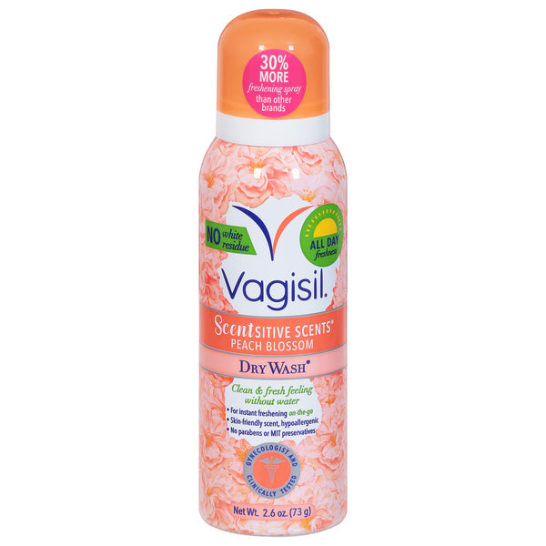 Vagisil Scentsitive Scents Dry Wash Spray in Peach Blossom, 2.6 oz, a personal care product with a spray bottle design.