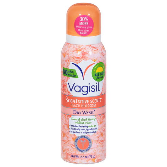 Vagisil Scentsitive Scents Dry Wash Spray in Peach Blossom, 2.6 oz, a personal care product with a spray bottle design.