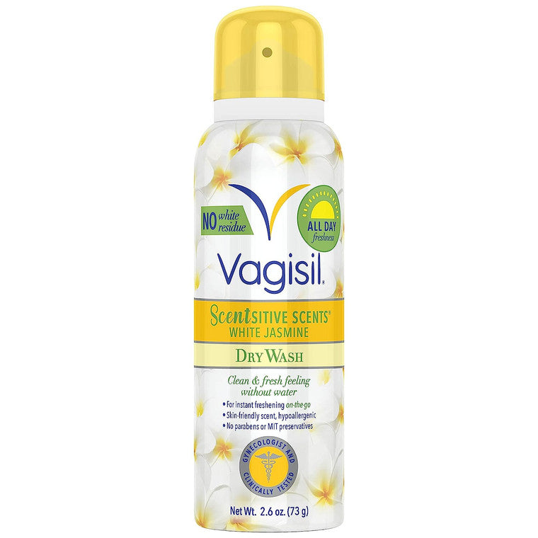 Vagisil Scentsitive Scents Dry Wash Spray with White Jasmine scent, 2.6 oz personal care product, gentle and refreshing.