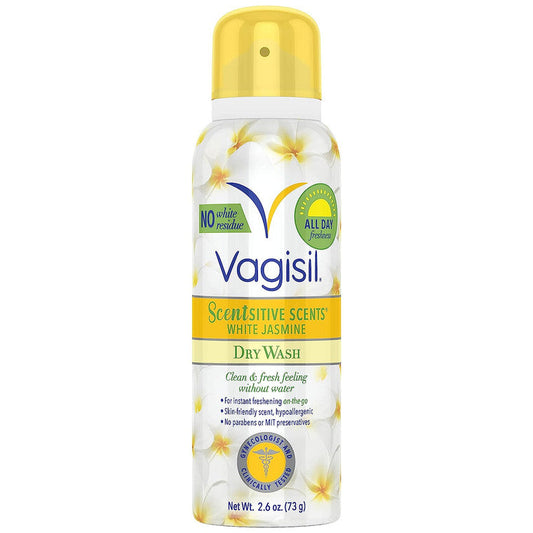 Vagisil Scentsitive Scents Dry Wash Spray with White Jasmine scent, 2.6 oz personal care product, gentle and refreshing.