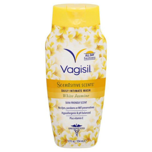 Vagisil Scentsitive Scents White Jasmine daily intimate wash in 12 fl oz bottle, gentle personal care product from Pasteur Pharmacy