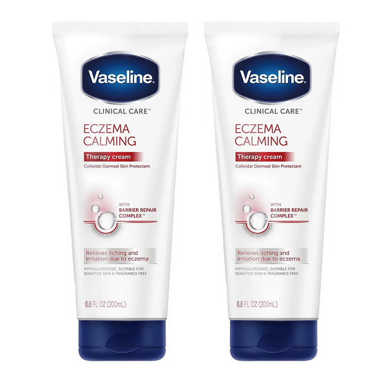 Vaseline Clinical Care Eczema Calming Therapy Cream in a 6.8 fl oz bottle, gentle relief for eczema-prone skin, by Pasteur Pharmacy.