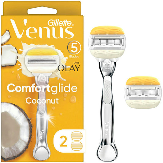 Venus Gillette Comfortglide Plus Olay Coconut women's razor handle with 2 blade refills, personal care product by Pasteur Pharmacy