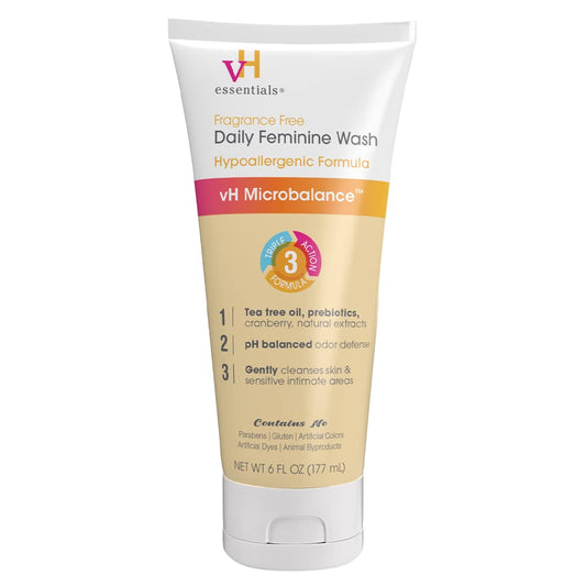 Pasteur Pharmacy VH Essentials Daily Feminine Wash in 6 fl oz bottle, fragrance-free personal care product for feminine hygiene.