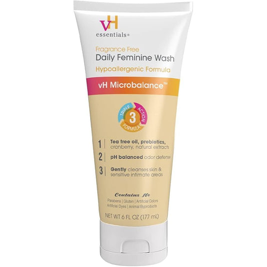 vH Essentials Daily Feminine Wash by Pasteur Pharmacy with tea tree oil, prebiotics, and lactic acid in a 6 oz bottle.