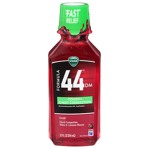 Vicks Formula 44 Cough and Chest Congestion syrup in berry flavor, non-drowsy personal care product by Pasteur Pharmacy.