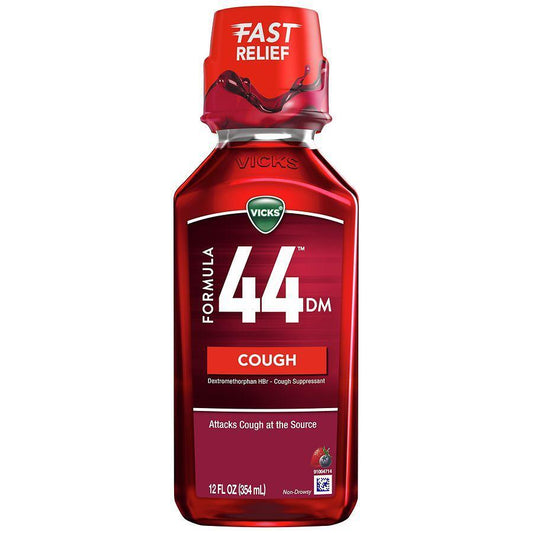 Vicks Formula 44 Berry cough suppressant liquid in 12 oz bottle, featuring berry flavor for soothing relief.