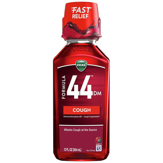 Vicks Formula 44 Non-Drowsy Cough Relief in berry flavor, 6 fl oz, in a clear bottle with a white label and blue cap.