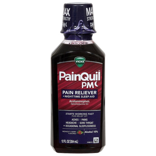 Vicks Pain Reliever + Nighttime Sleep Aid in Midnight Cherry, 12 fl oz bottle, personal care product with cherry flavor and soothing relief