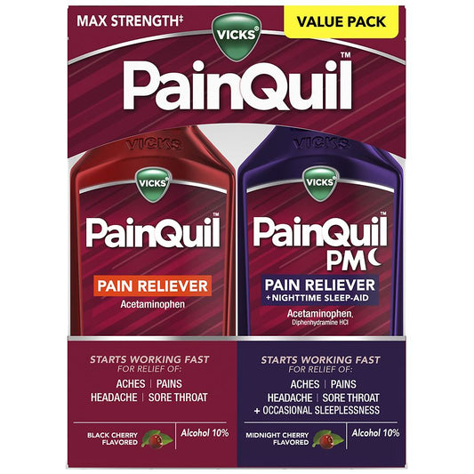 Vicks Pain Reliever and PM Pack in a personal care box, featuring medication bottles and packaging for pain relief and sleep support.