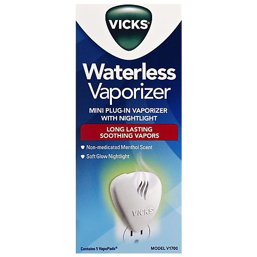 Vicks Soothing Vapors Plug-In Waterless Vaporizer with nightlight and menthol scent for personal care and respiratory relief.