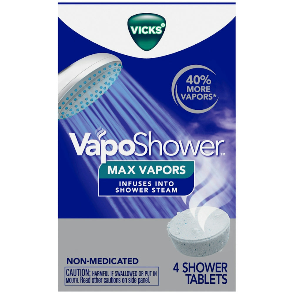 Vicks Vapors Shower Tablets Max Strength by Pasteur Pharmacy, 4 count, in a clear plastic container with tablets inside.