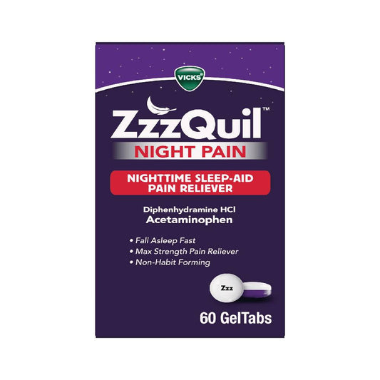 Vicks Zzz Quil Sleep Aid and Pain Reliever gel tabs for nighttime relief, featuring a blister pack and packaging.