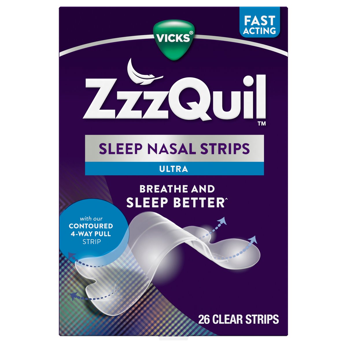 Vicks ZzzQuil Nasal Strips Ultra for sleep relief, showing the nasal strip package on a white background.