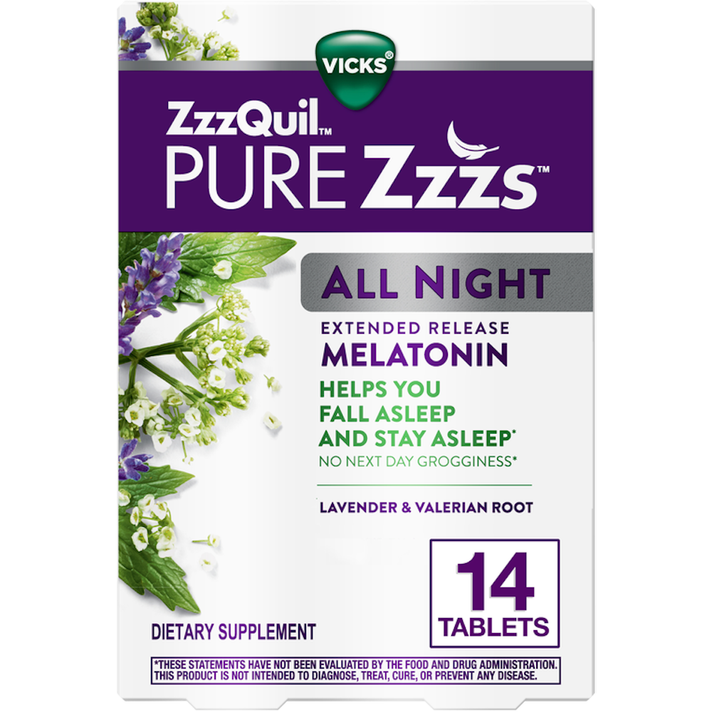 Vicks ZzzQuil PURE Zzzs All Night extended release melatonin supplement for restful sleep, shown in bottle with label.