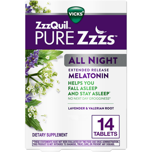 Vicks ZzzQuil PURE Zzzs All Night extended release melatonin supplement for restful sleep, shown in bottle with label.
