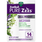 Vicks ZzzQuil PURE Zzzs All Night extended release melatonin supplement for restful sleep, shown in bottle with label.