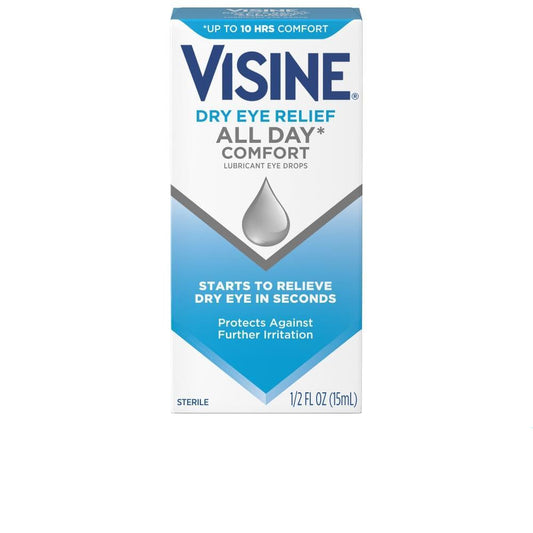 Visine Dry Eye Relief All Day Comfort drops in a small eye drop bottle, designed for soothing dry eyes.