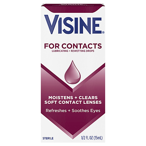 Visine for Contacts sterile lubricating and rewetting eye drops in a 0.5 oz bottle, designed for contact lens comfort.